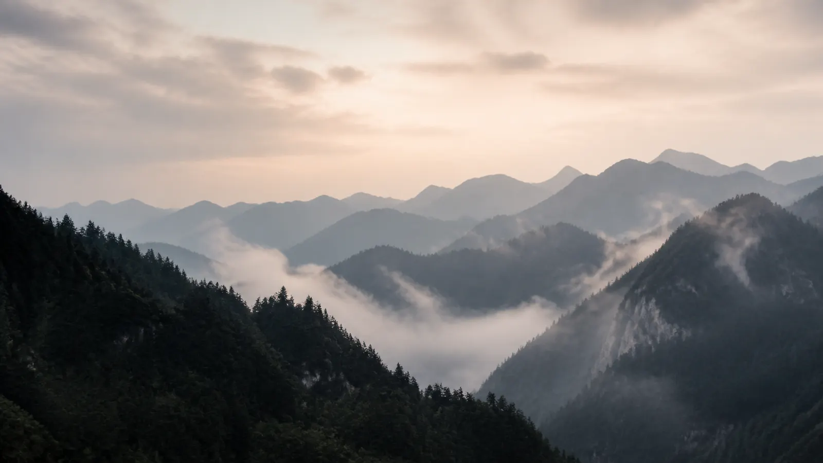 云雾在层叠的深绿色山岭之间流动